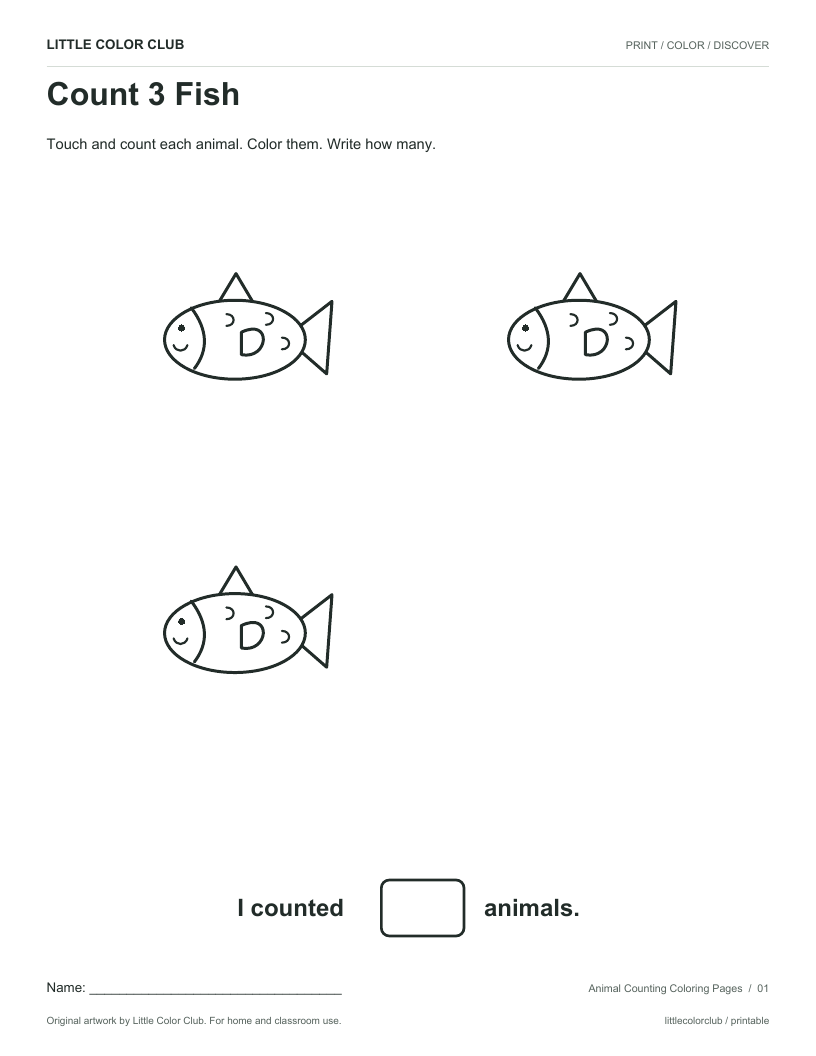 Count 3 Fish printable sheet preview