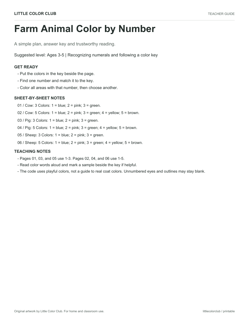Teacher guide for Farm Animal Color by Number